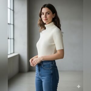 SAKS FIFTH AVENUE Merino Wool Blend Cream Shortsleeve Sweater. Medium. NWT!